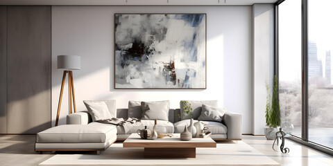 Modern grey interior design with a white sofa and painting on a wall