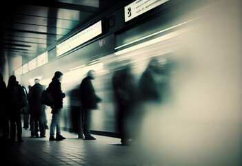 Subway station, motion blur people. Long exposure. AI generative.