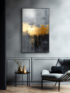 Modern grey interior design with a luxury oil painting on a wall