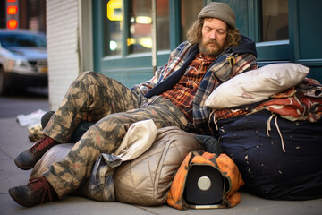 Portrait of a homeless man with a dog on the sidewalk in the city. - obrazy, fototapety, plakaty