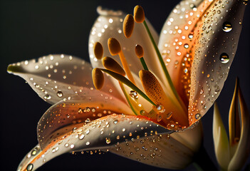 Lily flower with dew drops. Abstract illustration. AI generated.