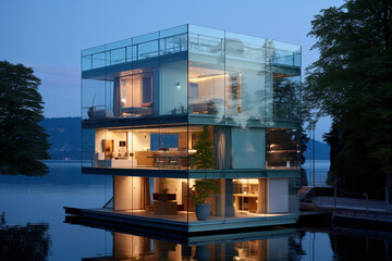 Residential building with glass walls on the banks of the river. Fully transparent house with furniture and interior lighting.