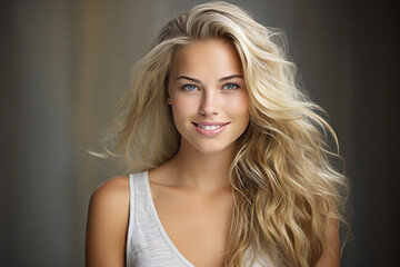 Fototapeta premium The portrait of a beautiful female model with curly blonde hair and blue eyes in white top smiles to a camera shot indoors. Generative AI.