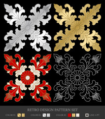 An exquisite collection of four retro design patterns, each presenting a unique blend of floral elegance.