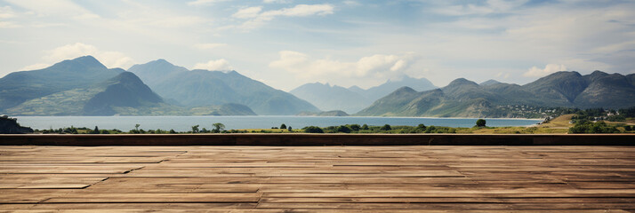 Abstract Empty wooden floor for product display montages with sea and mountain background. High quality photo