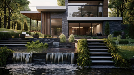 Fototapeta premium Modern house cottage, minimalistic design exterior. waterfall framed