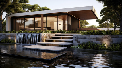Fototapeta na wymiar Modern house cottage, minimalistic design exterior. waterfall natural