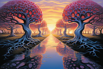 Surreal natural illustration of purple trees and river between them. AI 4K Wallpaper.