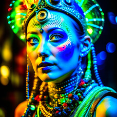 Attractive, colorfully painted young future hippie woman in a fashionable neofuturistic costume. futuristic model in neon colors with a cool, distant look.