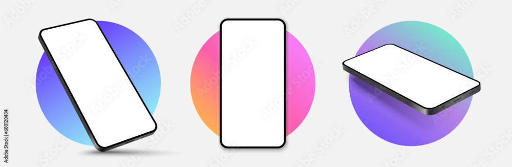 Poster phone mockup isolate 3d vector screen device template. cellphone app mock up realistic telephone bac