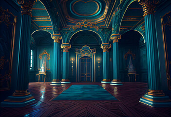 Photorealistic interior of a castle or palace decorated with turquoise malachite ornamental stone and gold. AI generative. - obrazy, fototapety, plakaty
