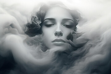 Portrait of a woman in the style of black and white looking down covered in mist/fog. Ai generated background. - obrazy, fototapety, plakaty