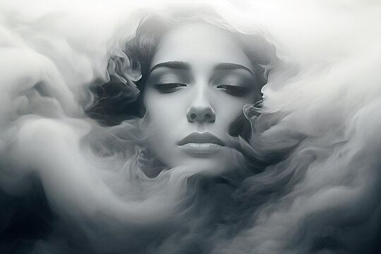 Portrait of a woman in the style of black and white looking down covered in mist/fog. Ai generated background.