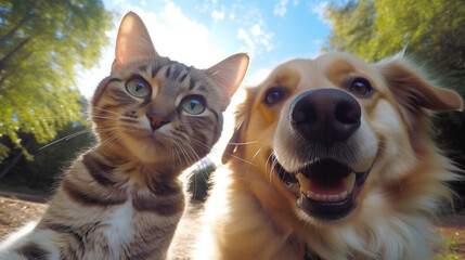 Cat and dog taking selfies Look at the camera and smile.