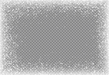 Snow frame border frost winter transparent background vector christmas white crystal blizzard. Snow frost effect frame design. - obrazy, fototapety, plakaty