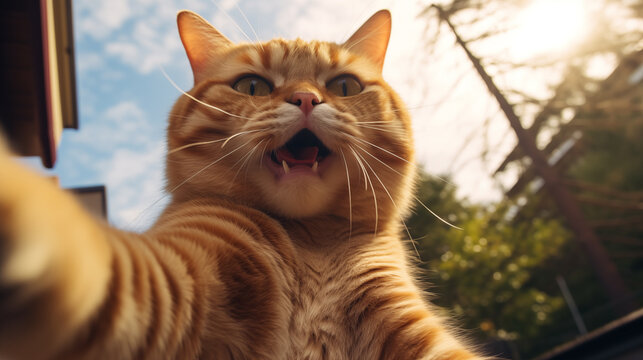 Cat taking a selfie Look at the camera and smile.