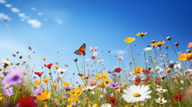 Fototapeta Nature's Summer Symphony: Wildflower Meadow in Full Bloom with Butterflies and Bees