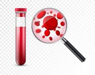 Hematology concept with red blood cell tube laboratory analysis flat examine. Hematology blood red cell liquid.