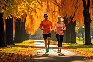 Obraz premium couple jogging in autumn park