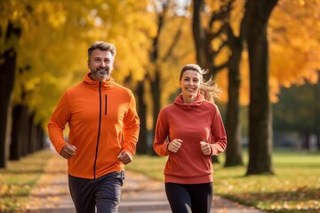 couple jogging in autumn park