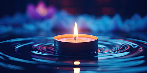 A close-up shot of a candle, Serenity., burning candle in the dark background, providing a soft warm glow of light - obrazy, fototapety, plakaty