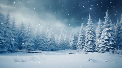 Fototapeta na wymiar Snowfall in winter forest.Beautiful landscape with snow covered fir trees and snowdrifts.Merry Christmas and happy New Year greeting background with copy-space.Winter fairytale. 