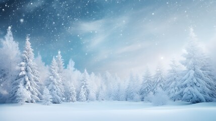 Snowfall in winter forest.Beautiful landscape with snow covered fir trees and snowdrifts.Merry Christmas and happy New Year greeting background with copy-space.Winter fairytale. 