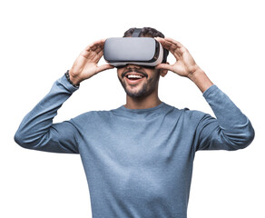 Young man using virtual reality headset isolated in transparent PNG, VR, future gadgets, technology, virtual event, video game concept