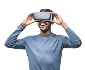 Young man using virtual reality headset isolated in transparent PNG, VR, future gadgets, technology, virtual event, video game concept
