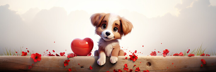 Fototapety  cute cartoon character dog puppy with a red heart on a white background with copy space. Valentine's Day greeting card