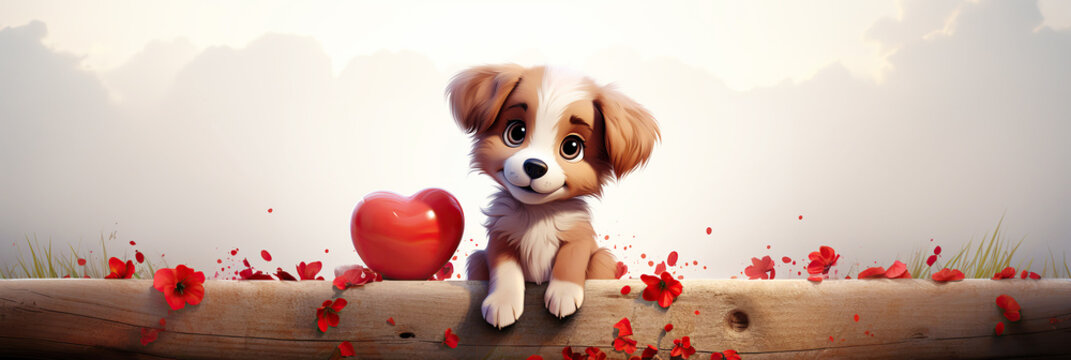 cute cartoon character dog puppy with a red heart on a white background with copy space. Valentine's Day greeting card