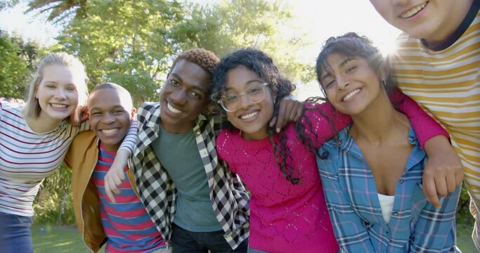 Portrait of happy diverse group of teenage friends embracing in sunny park, slow motion