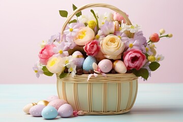 Charming Easter Basket with Eggs, Chocolates, and Flowers