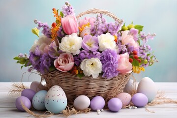 Charming Easter Basket with Eggs, Chocolates, and Flowers