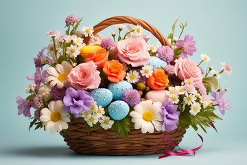 Fototapeta na wymiar Charming Easter Basket with Eggs, Chocolates, and Flowers
