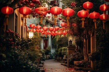 Festive Cultural Celebration: Lively Street Scene with Red Lanterns and Traditional Decorations
