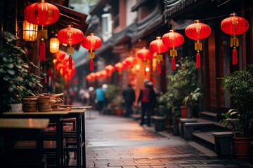 Festive Cultural Celebration: Lively Street Scene with Red Lanterns and Traditional Decorations