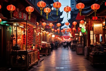 Fototapeta premium Festive Cultural Celebration: Lively Street Scene with Red Lanterns and Traditional Decorations