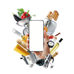 Hand holding a smartphone with blank screen and cooking items