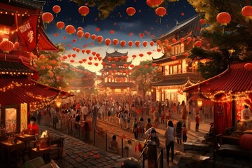 Festive Cultural Celebration: Lively Street Scene with Red Lanterns and Traditional Decorations