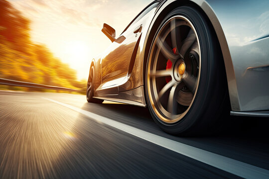 car driving on the road, Close-up of wheel of fast sports car on highway, high speed auto in motion blur,Close-up photos wheel sport