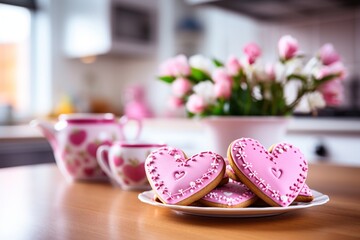 Heart-Shaped Valentine's Day Cookies in a Cozy Kitchen