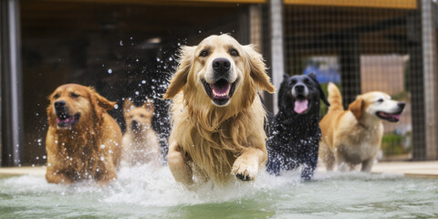 Dogs splashing in the pool. Generative AI. - obrazy, fototapety, plakaty