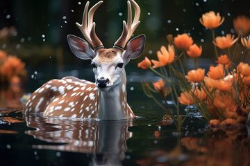 Natural deer in the lake in the deep forest woods, high resolution wallpaper, generative ai.