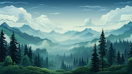 Poster landscape with forest, Foggy Forest Pine Tree Woods .landscape with green silhouettes of trees and hills. © Planetz