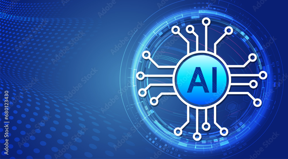 Poster Abstract Digital brain, vector software digital code. The circuit board of artificial intelligence. High tech concept on a dark blue background, data analysis, data science. Network interpretation.