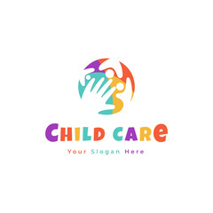 Child with Care Logo Concept, Child Hand Care Logo in colorful vector logo design
