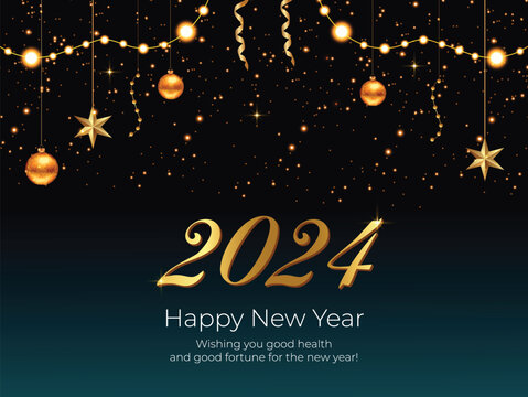 Greeting card Happy New Year 2024 with festive fireworks shining light sparkle. Extend warm wishes for a Happy New Year.