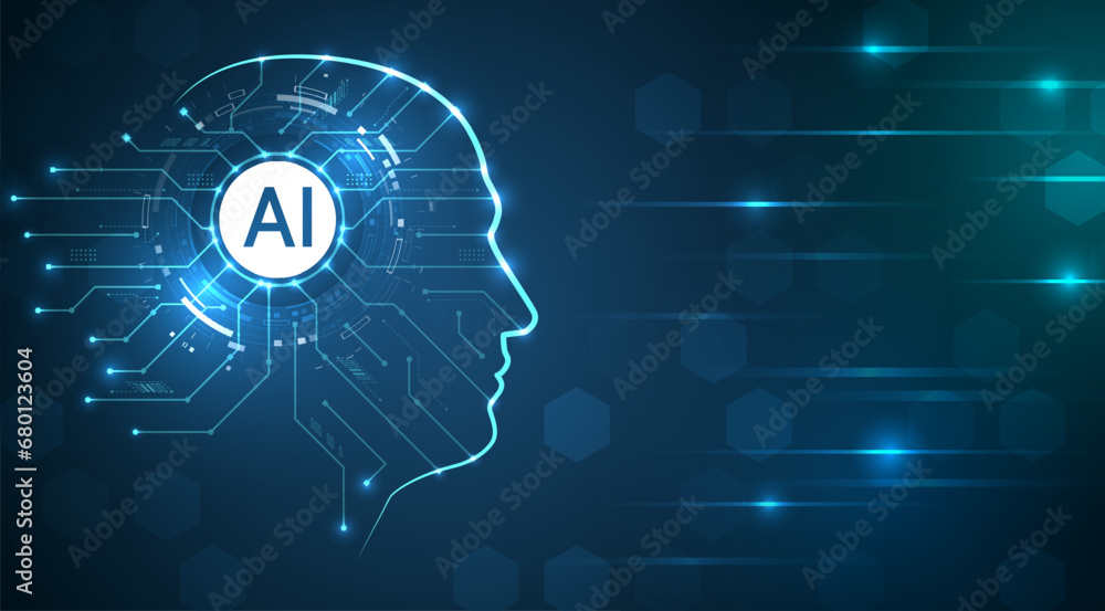 Poster The abstract face of artificial intelligence. Digital brain, vector software digital code. Network interpretation. Head silhouette with particles on a dark blue background, data analysis, data science