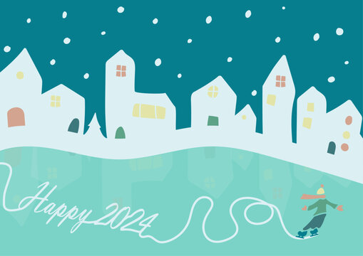 2024 new year greeting card. Snowy village scene with ice skate on christmas frozen lake